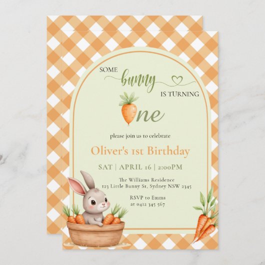 Invitation Mignonne Un Petit Lapin Tournera Un Premier Annive (Devant / Derrière)