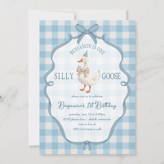 Invitation Mignonne Un Silly Goose Blue Premier Anniversaire (Devant)