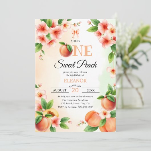 Invitation Mignonne une pêche douce Première fête d'anniversa (Debout devant)