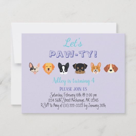 Invitation Mignonne Violet Faisons Pawty Fille Chiot Fête d'a (Devant)