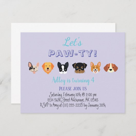 Invitation Mignonne Violet Faisons Pawty Fille Chiot Fête d'a (Devant / Derrière)