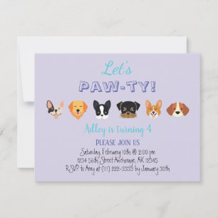 Invitation Mignonne Violet Faisons Pawty Fille Chiot Fête d'a