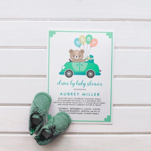 Invitation Mignonne Voiture D'Ours Vert Teddy Par Baby shower