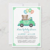 Invitation Mignonne Voiture D'Ours Vert Teddy Par Baby shower (Devant)