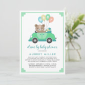 Invitation Mignonne Voiture D'Ours Vert Teddy Par Baby shower (Debout devant)
