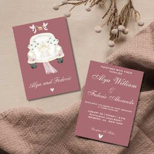 Invitation Mignonne voiture mariage rose vintage