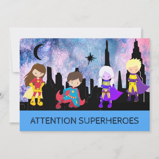 Invitation *~* Mignonne Whimsical SUPERHEROS Anniversaire de  (Devant)