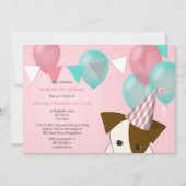 Invitation mignonnes filles chiot fête d'anniversaire rose ba (Devant)