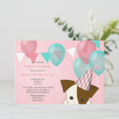 Invitation mignonnes filles chiot fête d'anniversaire rose ba (Debout devant)