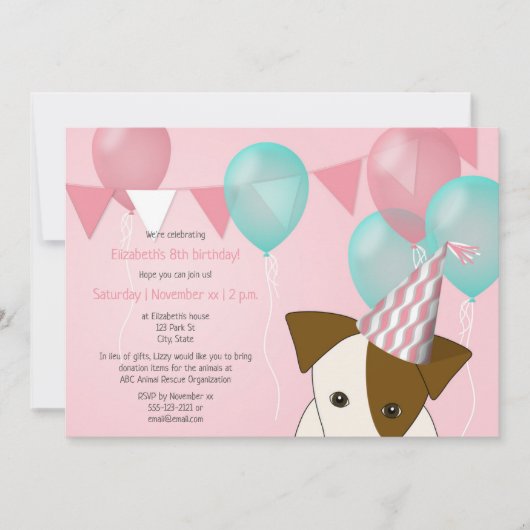 Invitation mignonnes filles chiot fête d'anniversaire rose ba (Devant)