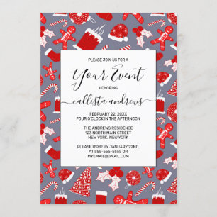 Invitation Mignonnes Illustrations Rouges Festives Motif de N