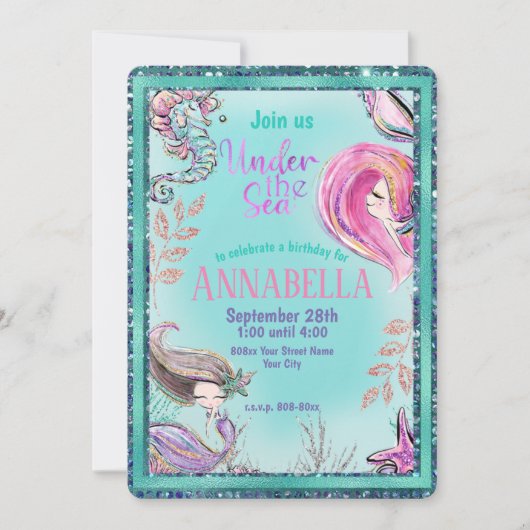Invitation Mignonnes sirènes sous la Parties scintillant Turq (Devant)