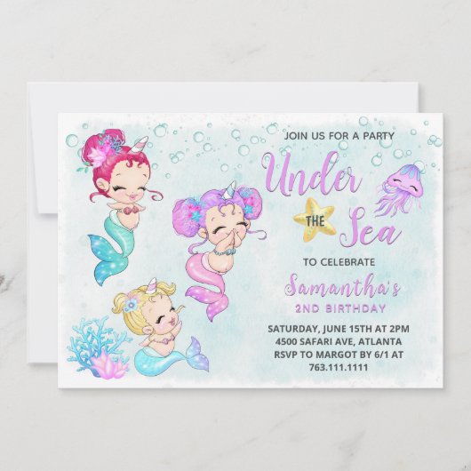 Invitation Mignonnes sous la mer fête d'anniversaire (Devant)
