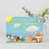 Invitation Mignons Animaux de bois Jaune Soleil Blanc Nuages (Debout devant)