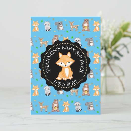 Invitation Mignons Bois Animaux Fox Baby shower (Debout devant)