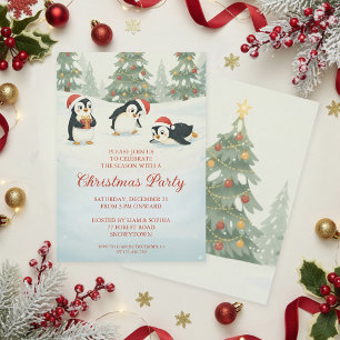 Invitation Mignons Manchots à l'aquarelle Forêt de Noël