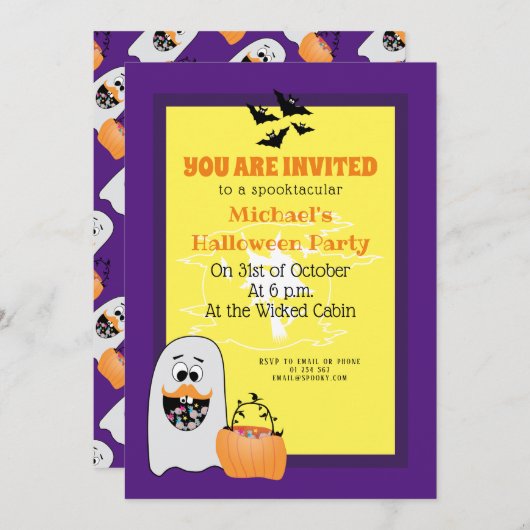 Invitation migre Halloween Ghost citrouille violet motif (Devant / Derrière)