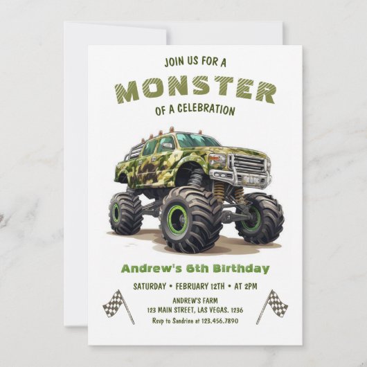 Invitation Militaire Monster Camion Garçon Anniversaire (Devant)