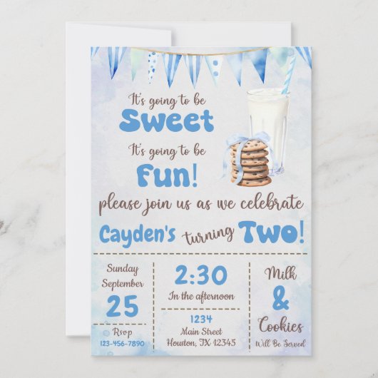 Invitation Milk Et Cookies Boy 2e fête d'anniversaire (Devant)