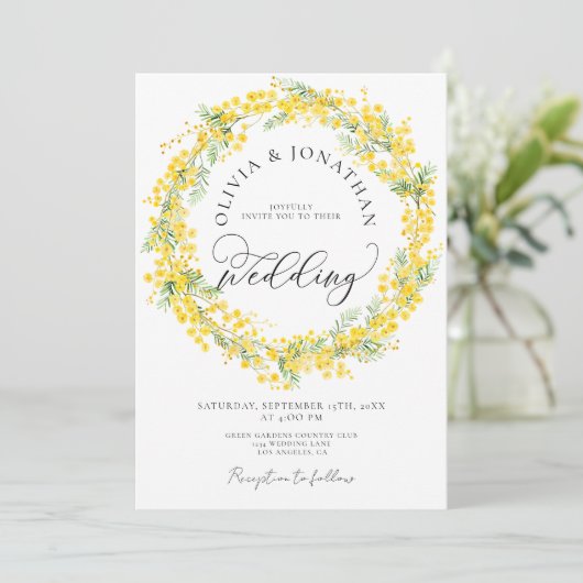 Invitation Mimosa jaune tout en 1 Budget QR Code Mariage (Debout devant)
