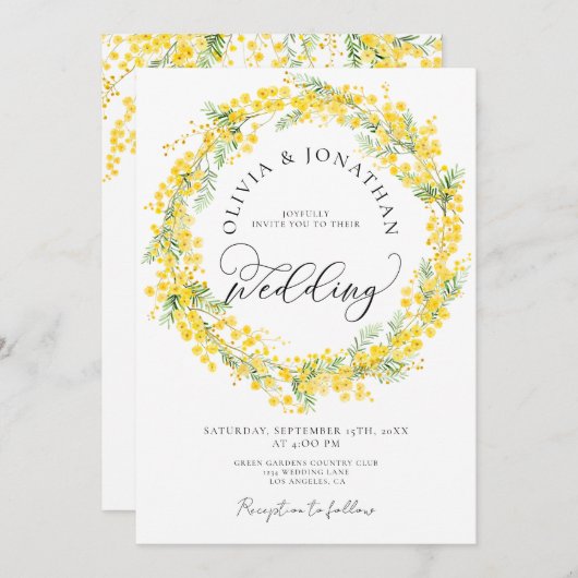Invitation Mimosa jaune tout en 1 Budget QR Code Mariage (Devant / Derrière)