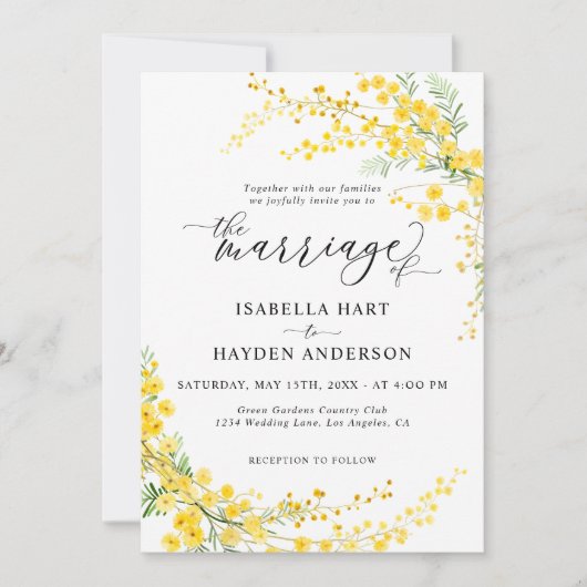 Invitation Mimosa Jaune Vague Argent Fleur Printemps Mariage (Devant)