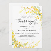 Invitation Mimosa Jaune Vague Argent Fleur Printemps Mariage (Devant / Derrière)