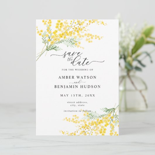 Invitation Mimosa Printemps Jaune Mariage Floral Enregistrer (Debout devant)