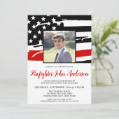 Invitation Mince ligne rouge pompier photo pompier diplômé (Debout devant)