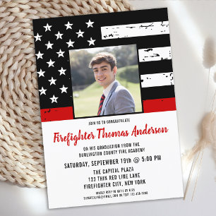 Invitation Mince Red Line Photo Firefighter Graduation Party