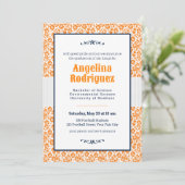 Invitation Miner Orange Floral Damask Photo Graduation (Debout devant)