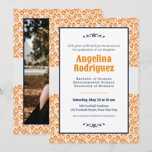 Invitation Miner Orange Floral Damask Photo Graduation (Devant / Derrière)