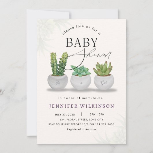 Invitation Mini Baby shower De Verdure Succulent (Devant)