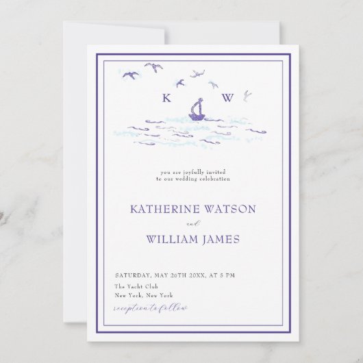Invitation Mini bateau à voile Yacht Waves Frame Mariage mode (Devant)