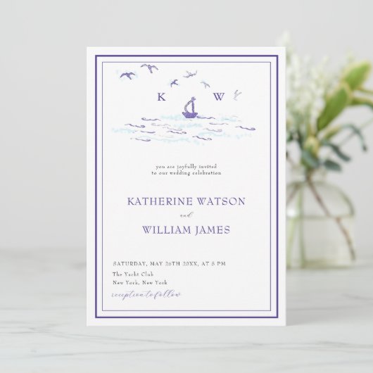 Invitation Mini bateau à voile Yacht Waves Frame Mariage mode (Debout devant)