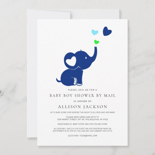 Invitation Mini bébé garçon douche par Mail Blue Elephant (Devant)