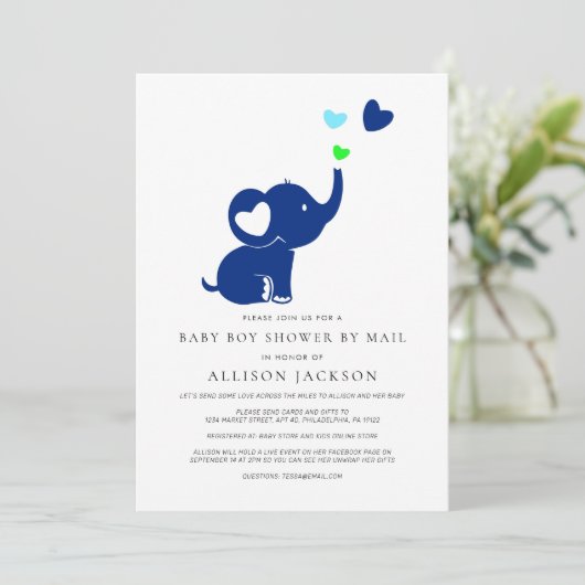 Invitation Mini bébé garçon douche par Mail Blue Elephant (Debout devant)