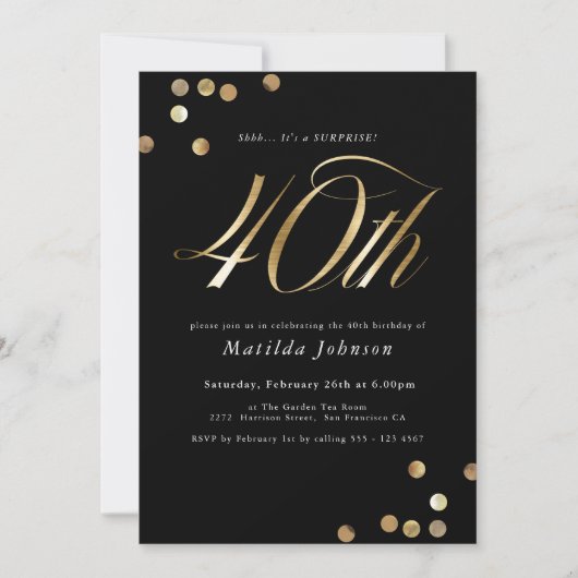 Invitation Mini Black Gold Surprise 40e fête d'anniversaire (Devant)