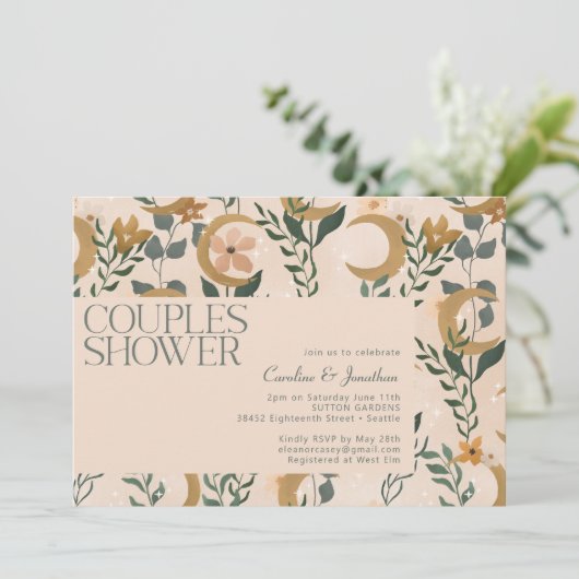 Invitation Mini Boho Blush Floral Moon Couples Douche (Debout devant)