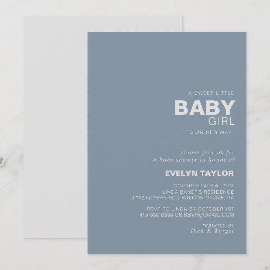Invitation Mini Elégant Formal Blue Baby Girl douche (Devant / Derrière)