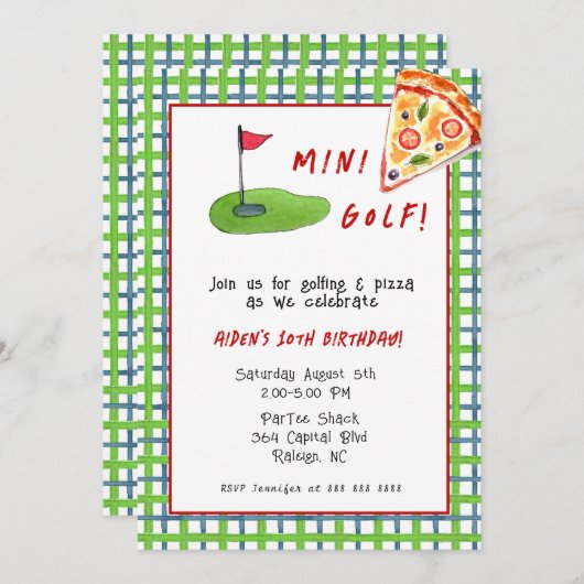 Invitation Mini Golf & Pizza Enfant fête d'anniversaire (Devant / Derrière)
