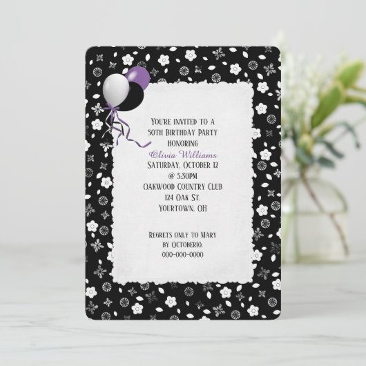 Invitation mini-impression florale noire et blanche (Debout devant)