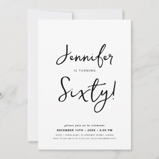 Invitation Mini moderne 60e anniversaire Script noir et blanc (Devant)