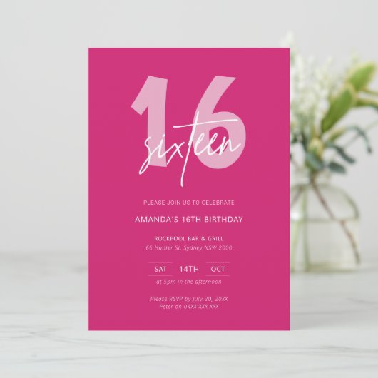 Invitation Mini moderne Hot rose 16e fête d'anniversaire (Debout devant)