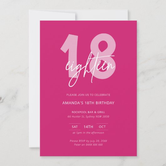 Invitation Mini moderne Hot rose 18e anniversaire fête (Devant)