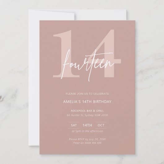 Invitation Mini moderne rose 14ème anniversaire (Devant)