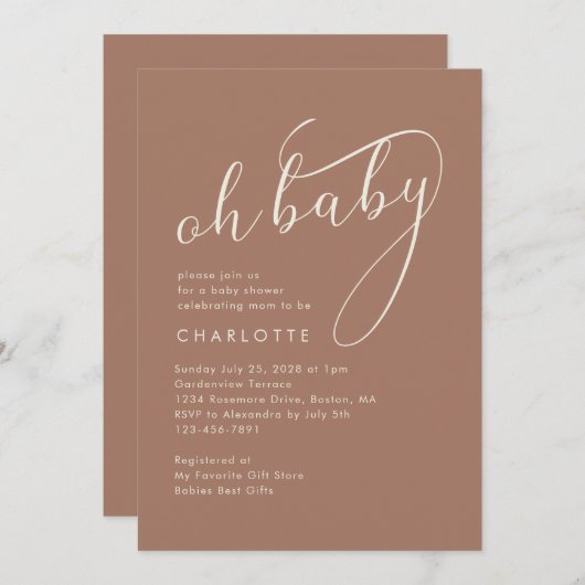 Invitation Mini Oh Baby Script Mocha Baby shower (Devant / Derrière)