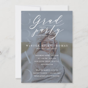 Invitation Mini Photo Grad Party Moderne Calligraphie Bleu
