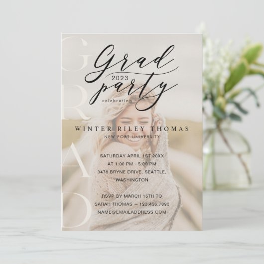 Invitation Mini Photo Grad Party Moderne Calligraphie Crème (Debout devant)