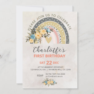 Invitation Mini Pompas Grass Retro Rainbow Boho Anniversaire